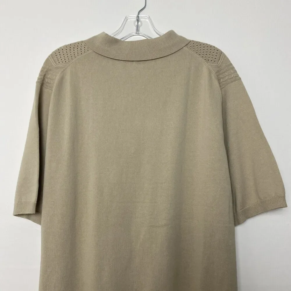 Elie Tahari Polo Shirt Sweater Mens XL Beige Tan Textured Knit Short Sleeve Zip